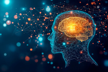 Fototapeta premium Abstract human head with neural network and glowing brain on dark background. Concept of artificial intelligence and data connectivity.