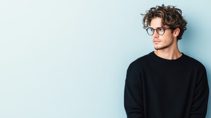 Obraz premium A young man with curly hair and glasses, wearing a black sweater, gazes thoughtfully to the side against a soft gray background. The image captures introspection and modern style.