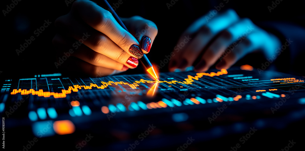 Poster Close-up of a hand using a stylus on a digital financial chart in a dark environment with illuminated data points. Ai generative.