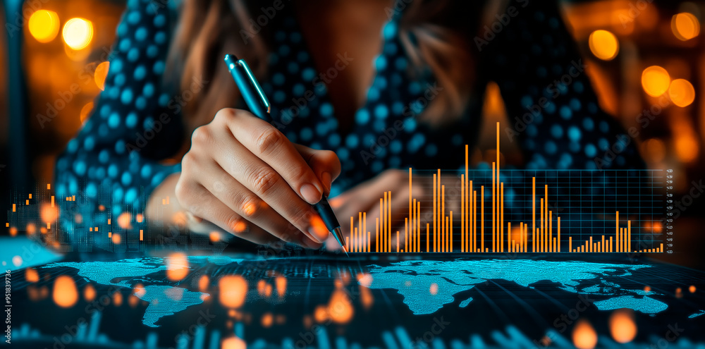 Poster Hand of a person analyzing financial data on a global map with bar graphs in an office, concept of forex trading and investment.