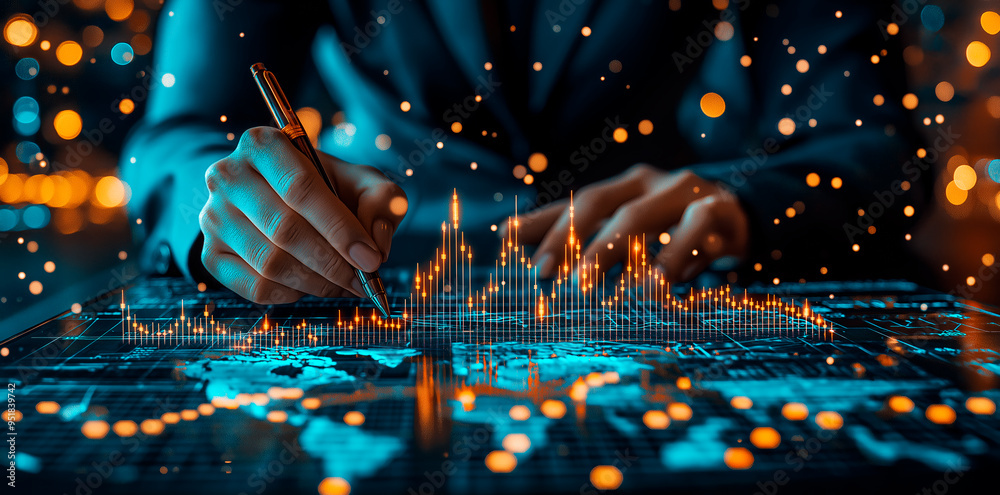 Poster business professional analyzing financial data on a digital tablet with forex trading graphs.