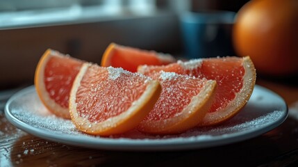 A plate of sliced grapefruit with a sprinkle of sugar.