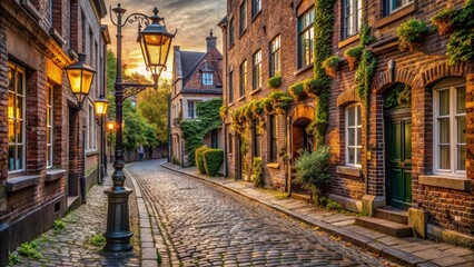 Naklejka premium Cobblestone Street with Old Lamppost at Sunset, Europe, architecture, travel, history