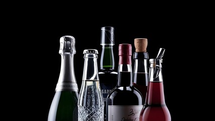 Alcohol drinks set isolated on a black background - beer,wine,champagne,scotch,soda