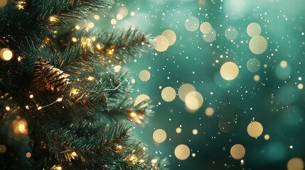 christmas tree, holiday illumination and decoration, bokeh lights over green background	