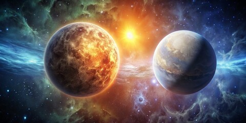Obraz premium Cosmic Dance of Fire and Ice Two Planets in a Nebula, Sun, Stars, Galaxy, Space, Astronomy, Universe