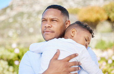 Outdoor, love and father hugging child in nature for bonding, love and family time together....