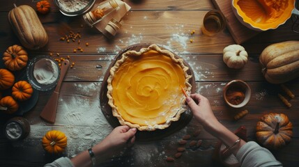 Hands skillfully preparing a homemade pumpkin pie amidst autumn-themed decor and ingredients on a rustic wooden table, evoking a cozy, seasonal sentiment.