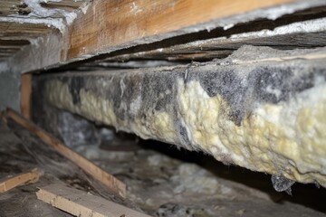 Close-up of moldy insulation inside a wall cavity, showing damage, moisture, and decay.