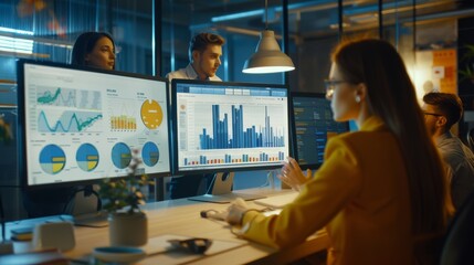 In a sleek modern office, focused employees analyze dynamic data visualizations on multiple screens, symbolizing innovation and collaboration in a tech-driven workspace.