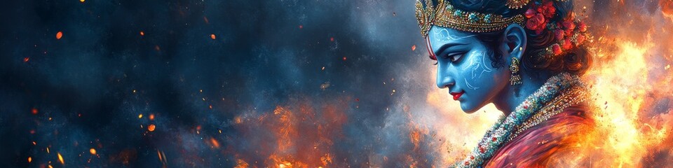Divine Warrior: AI-Generated Watercolor of Krishna's Epic Battle. Abstract Cultural Art with Vibrant Blue-Orange Hues. Minimalist Composition for Spiritual Marketing, UI, and Graphic Design Projects.