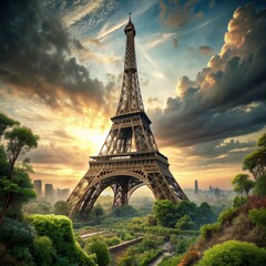 Eiffel Tower Enveloped in a Verdant Canopy, Digital Art, Iron Structure, Majestic Landmark, Paris, France, sunrise