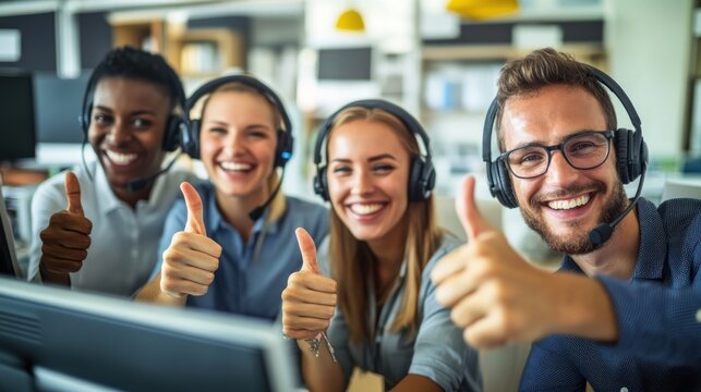 A group of diverse technical support working in a call center office workers wearing headsets, smiling, and giving thumbs up in front of their computers for customer service support or sales