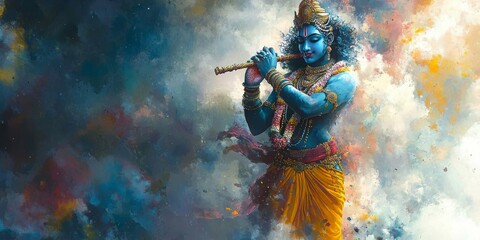 Divine Warrior: AI-Generated Watercolor of Krishna's Epic Battle. Abstract Cultural Art with Vibrant Blue-Orange Hues. Minimalist Composition for Spiritual Marketing, UI, and Graphic Design Projects.