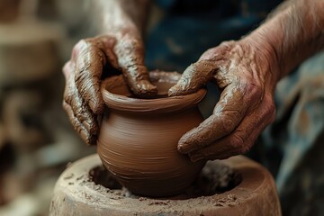 A potter uses skilled hands to mold a clay pot on the wheel, highlighting the meticulous craftsmanship and traditional techniques involved in pottery artistry.