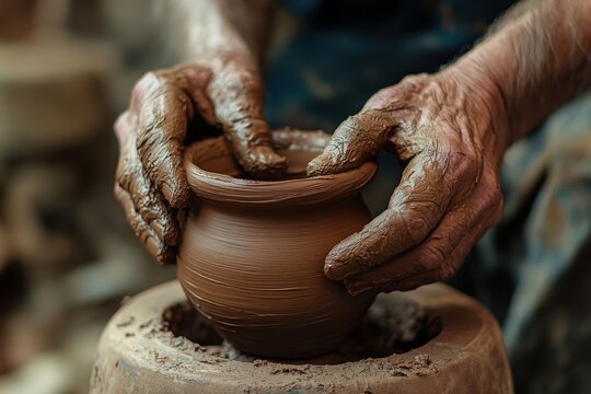 A potter uses skilled hands to mold a clay pot on the wheel, highlighting the meticulous craftsmanship and traditional techniques involved in pottery artistry.