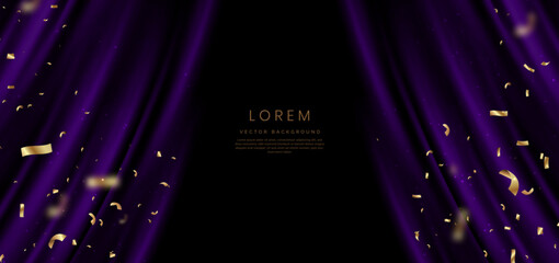 Purple curtain background. Golden confetti banner and ribbon on black background. Celebration grand openning party happy concept.