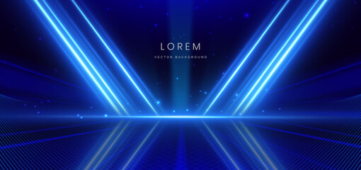 Abstract futuristic glowing blue neon light lines with speed motion moving on dark blue background.
