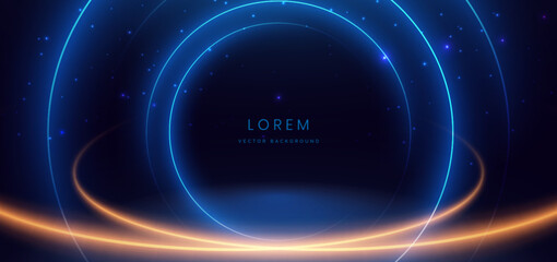 Scene glowing blue circles light ray with on dark blue background and lighting sparkle.