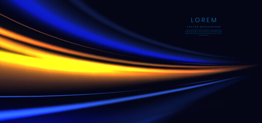 Blue and gold neon light curve effect on dark blue background.