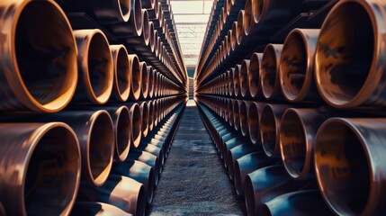 Endless rows of large pipes extend in a warehouse, creating a powerful and industrial visual of uniformity and scale.