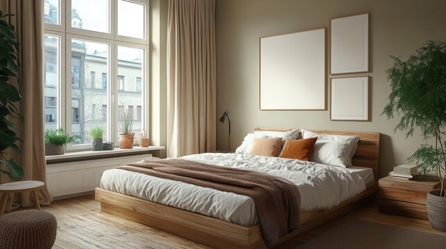 serene scandinavian bedroom neutral color palette wooden bed frame plush bedding minimalist decor large windows flooding the space with natural light