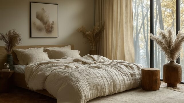 serene scandinavian bedroom neutral color palette wooden bed frame plush bedding minimalist decor large windows flooding the space with natural light