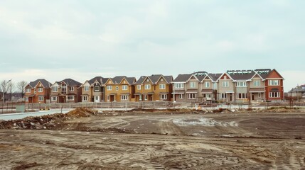 Rows of brightly painted houses line a muddy stretch of land, showcasing a newly built residential area awaiting its first occupants.
