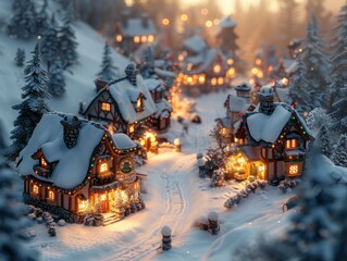 Naklejka premium Charming winter village scene with snow-covered houses and twinkling lights, evoking a cozy holiday atmosphere.