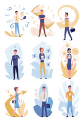 Effective time management icon set on abstract background. Efficiency work time. Freelance man and woman workers with productivity clock. Time management, control business time or deadline concept