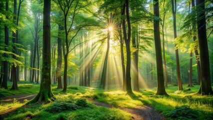 Obraz premium Golden Rays Illuminating a Misty Forest Path, Trees, Sunlight, Nature, Green