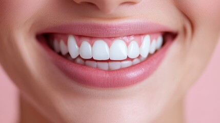Fototapeta premium Closeup of a smiling mouth perfectly white teeth gentle pink background dental mirror reflecting the teeth fresh and healthy dental care