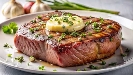 Grilled Tuna Steak with Butter and Herbs, Closeup, Food Photography, Culinary Delight , Tuna, Steak, Butter
