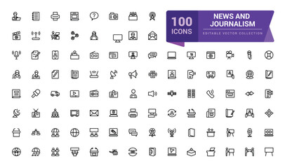 News and journalism icons collection. Related news, press, newspaper, journalism. Pixel perfect, minimalistic web and UI icon. Outline icon collections.