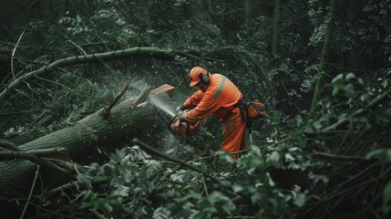 A lumberjack in a forest, dressed in orange work gear, uses a chainsaw to cut through a large tree, with sawdust scattering in the air.