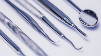 Modern dental tools on a sleek white surface light reflections stainless steel instruments clean and sterile environment blue and silver color palette