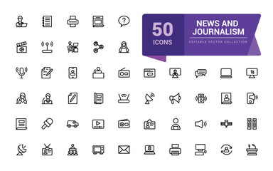 News and journalism icons collection. Related news, press, newspaper, journalism. Pixel perfect, minimalistic web and UI icon. Outline icon collections.