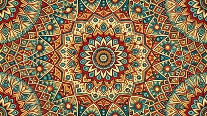 Intricate Mandala with Geometric and Floral Patterns, Digital Illustration, Colorful Shapes, Abstract Design, Mandala Art, Geometric Patterns, Digital Art