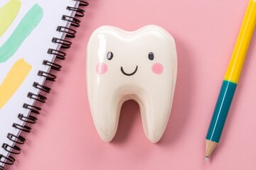 Soft pastel background flat lay design dentist tools neatly arranged tooth model open notebook with dental health tips green and blue accents