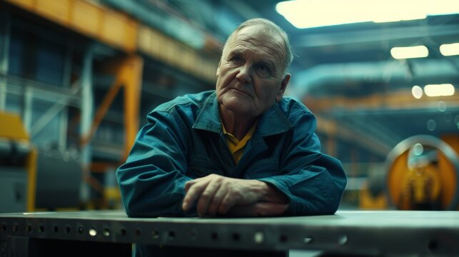 An older man in a work uniform leans on a table in a factory, looking contemplative, revealing years of hardworking experience and reflection.