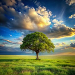 Obraz premium Lonely Tree in a Green Field with Dramatic Sky, nature, landscape, tree, field