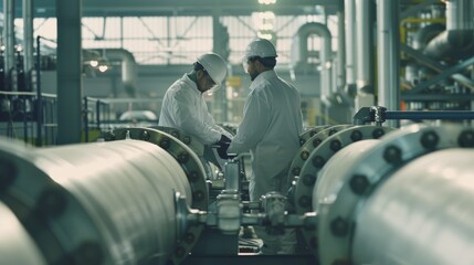 Two factory workers in protective attire are engaged in a discussion amongst complex pipelines, highlighting the intricacies of industrial operations.