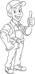A handyman or carpenter cartoon construction man mascot character holding a hammer tool