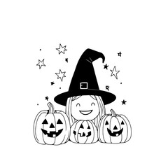 Whimsical Witch and Cheerful Pumpkins Under Twinkling Stars