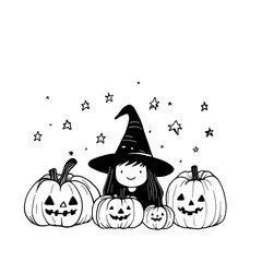 Whimsical Witch and Cheerful Pumpkins Under Twinkling Stars