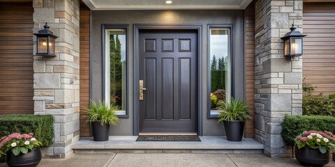 Modern Black Door Entryway with Stone Columns and Greenery, Front Door, Stone Wall, Exterior Design, Landscaping