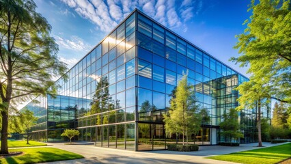 Obraz premium Modern Glass Office Building with Green Trees and Blue Sky, architecture , cityscape , design , modern
