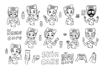 Cute set of women's faces and cosmetic procedures in doodle style. Home care. Cosmetology, beauty expert. Skin care, aesthetics, beauty treatments, acne, facial, cream, serum, mask, moisturizer, toner