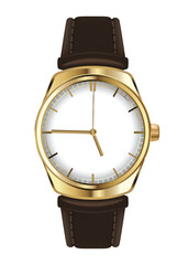 Mechanical watch in classic design. Realistic wristwatch, luxury fashion object for men on white background. Elegant business chronograph with leather bracelet