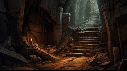 Mysterious dungeon tunnel with walls made of stone. Neural network ai generated art